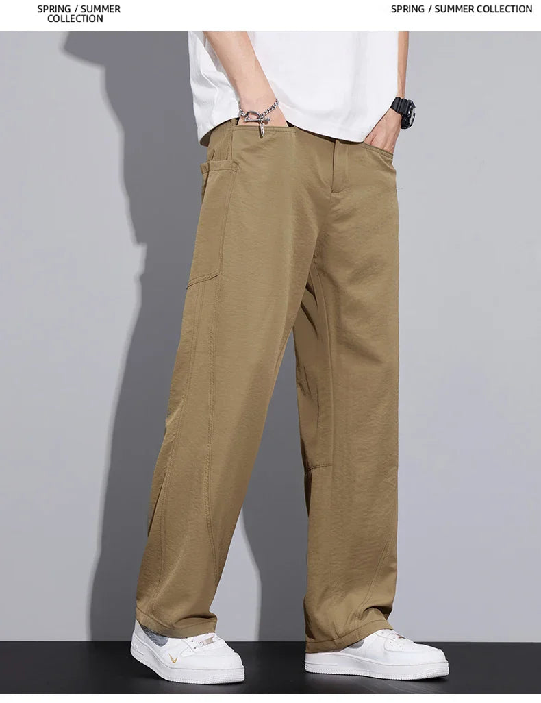 2026 Summer Thin Men's Loose Pants with Large Pockets Work Style Casual Straight Solid Color Male Simple Baggy Pants