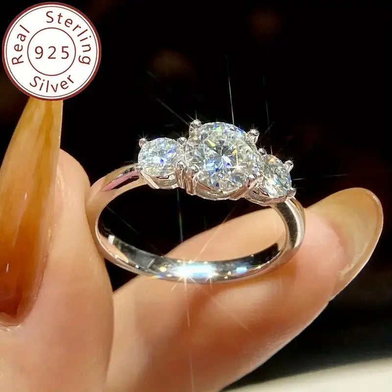925 Silver Ladies Fashion Engagement Rings Round Cut 6.5mm/8mm Moissanite Three Stone Ring for Women Wedding Jewelry