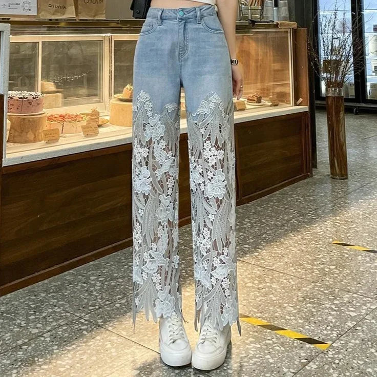 Lace High Waist Jeans Women  Hollow Out Floral Long Pants Slim Straight Trousers Y2k Streetwear Splice Mom Party Club