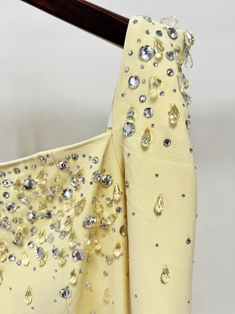 Newest Fashion 2026 Designer Vestido Women's Square Collar Beading Diamonds Long Sleeve Maxi Dress