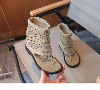 Ankle-strap Summer Slouchy Boots for Girls Suede Leather High-top Sandals Princess Cut-outs Flip Flop Dress Shoes Child J03203