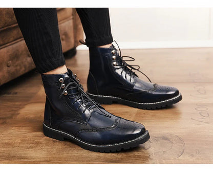 Men Lace-up High Top Brogue Carved Business Boots