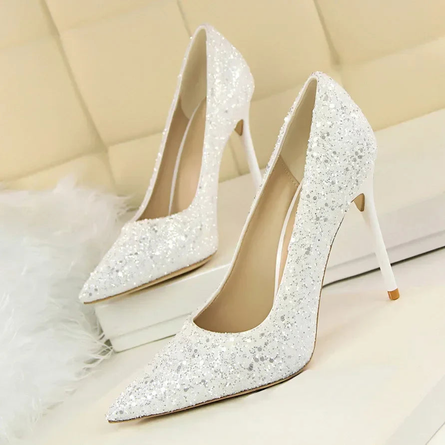 Women Luxury Bling Red  Blue Valentine Party Scarpins Pumps Lady Glitter Sequins 7cm 9.5cm High Heels Designer Shoes Plus Size