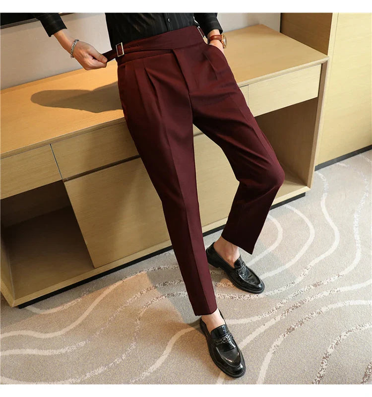 Luxury Men's Slim High-Rise Dress Pants - Heavyweight Subtle Stripe with 3D Pleats & Naples Tailoring