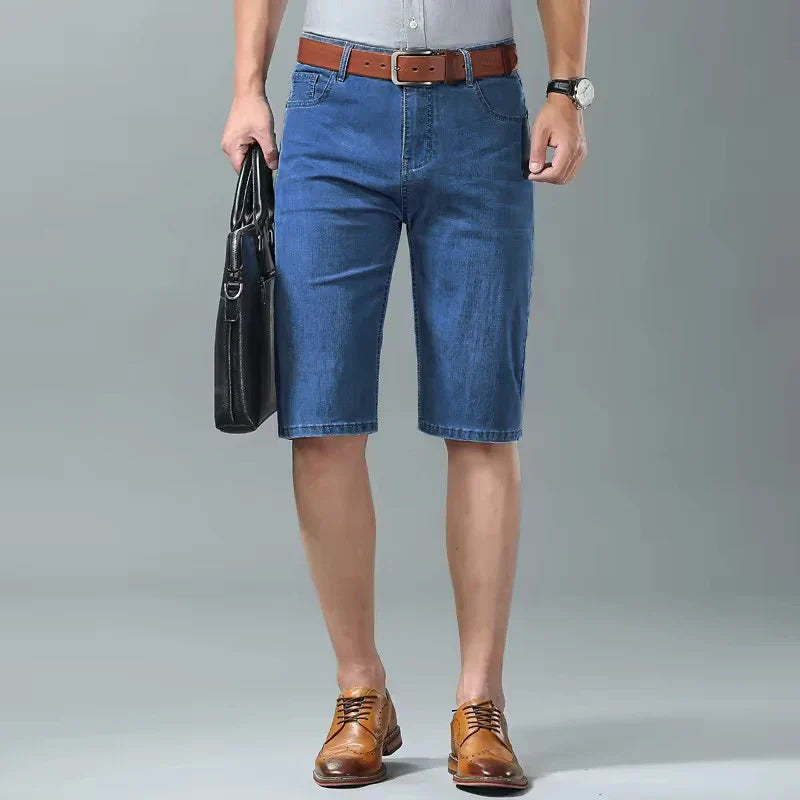 Summer Men Denim Shorts New Style Thin Embroidery Business Casual Straight  Short Jeans Male Brand Clothing Black Blue