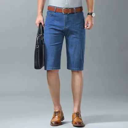 Summer Men Denim Shorts New Style Thin Embroidery Business Casual Straight  Short Jeans Male Brand Clothing Black Blue