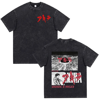 Japanese Anime Akira Washed Vintage T Shirt Science Fiction Cartoon Movie Shotaro Kaneda T-shirt Men Women Cotton Casual T-shirt