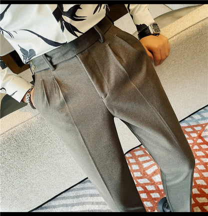 Men's Slim Fit Naples Business Casual Trousers Made of Autumn and Winter Wool, Thickened for Warmth, Classic Ankle-length Pants.