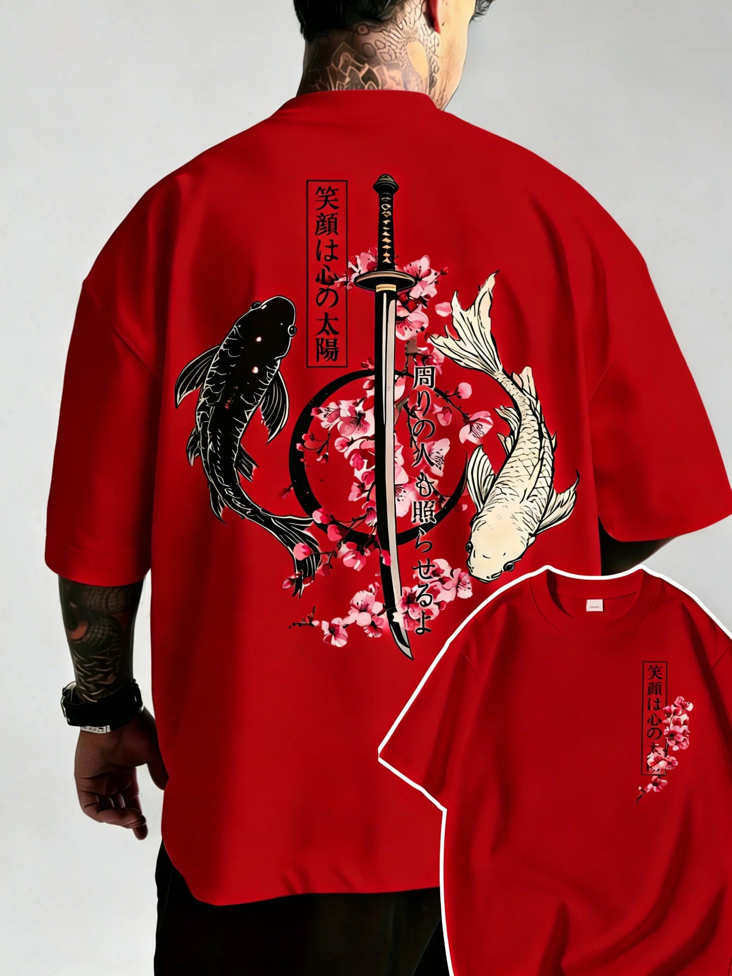 Summer Hot Japanese Yin Yang Koi Fish & Samurai Sword Pattern Cotton Men’s T-Shirt Short Sleeve Tees Casual Oversized Unisex Top