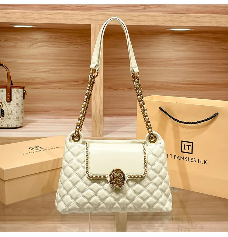 Brand genuine leather chain bag for women in 2025, new designer with a sense of luxury, large capacity underarm shoulder bag