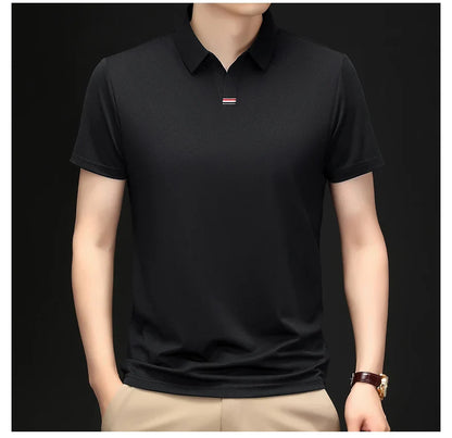 High quality brand solid color V-neck short sleeve polo shirt men summer fashion simple casual ice silk breathable lapel T-shirt