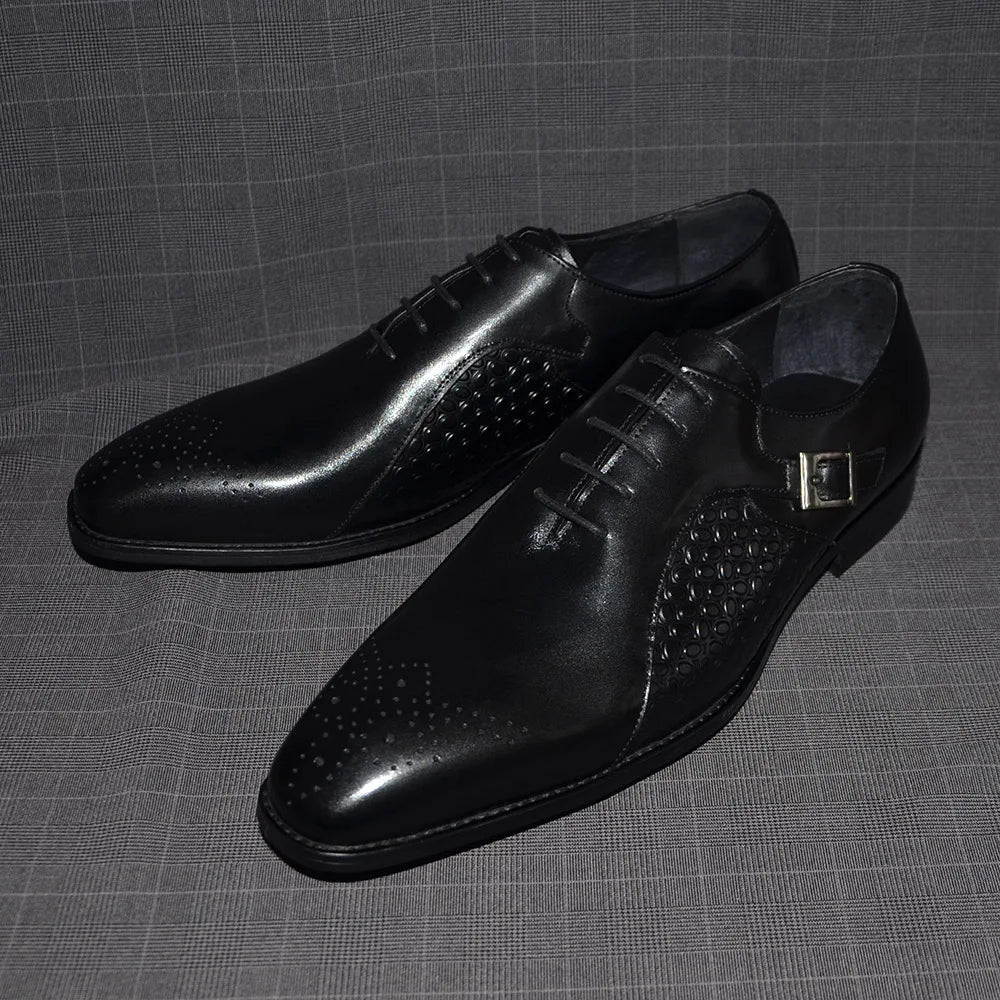 Classy Men's Genuine Leather Oxford Dress Shoes Blue Black Lace-up Brogue Pointed Business Wedding Party Formal Shoes for Men