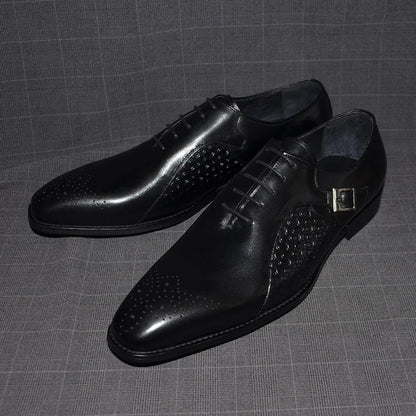 Classy Men's Genuine Leather Oxford Dress Shoes Blue Black Lace-up Brogue Pointed Business Wedding Party Formal Shoes for Men