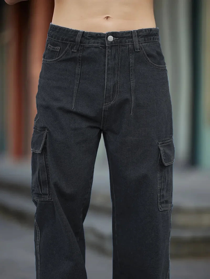 Men's Deep Blue Washed Denim Workwear Jeans Casual Multiple Pockets Design Loose Wide Leg Trousers Y2K Style Cargo Pants