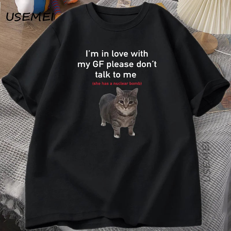 Asian size Funny Cat T-shirts Boyfriends Cotton O-Neck Oversized Tee Men's Short Sleeve T-shirt Couple Tees