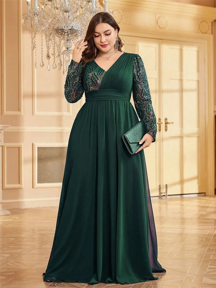 Vestidos de Noite Luxuosos Plus Size de Chiffon Manga Comprida Feminino Lantejoula Vermelho Festa Casamento Coquetel Formatura Comprimento Longo