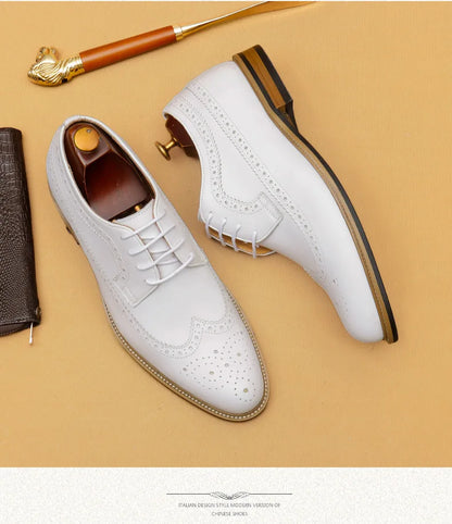 Luxury Men's Dress Shoes Genuine Leather Brogue Wingtip Toe Oxford White Lace-Up Business Wedding Formal Men Shoes