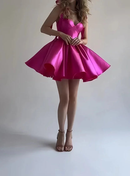 Mini Satin Sweetheart Homecoming Dresses for Teens Bow Spaghetti Straps Short Ball Gown Puffy Cocktail Prom Dress with Pockets