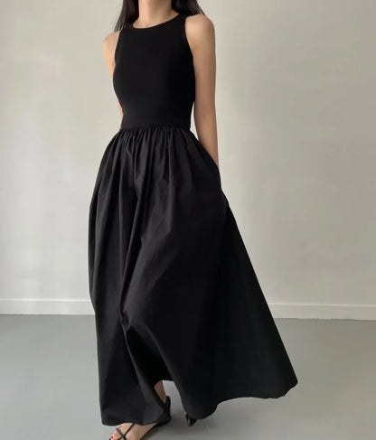 Simple Elegant Black Long Dresses For Women Round Neck Sleeveless High Waist Temperament Female Fashion Style Dress