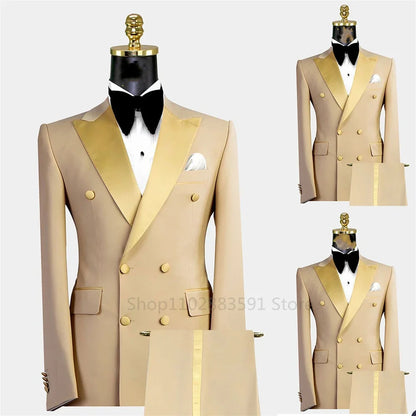 2 Pieces（Blazer+Pants）Men's Suit Double breasted Tuxedos Formal Slim Fit Notch Lapel Party Solid Groom Khaki Suits For Wedding