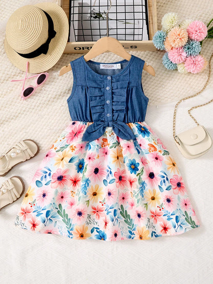 New Summer Children Dresses With Bow Print Casual Dress Outdoor Carnival Birthday Party Girl Clothes Cute Girl Skirt 2-10Y