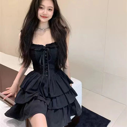 Gothic Black Sexy Slip Dress Y2K Harajuku Streetwear Punk Lace Up Cake Dress Female Summer Korean Fashion Party Ruffles Dresses