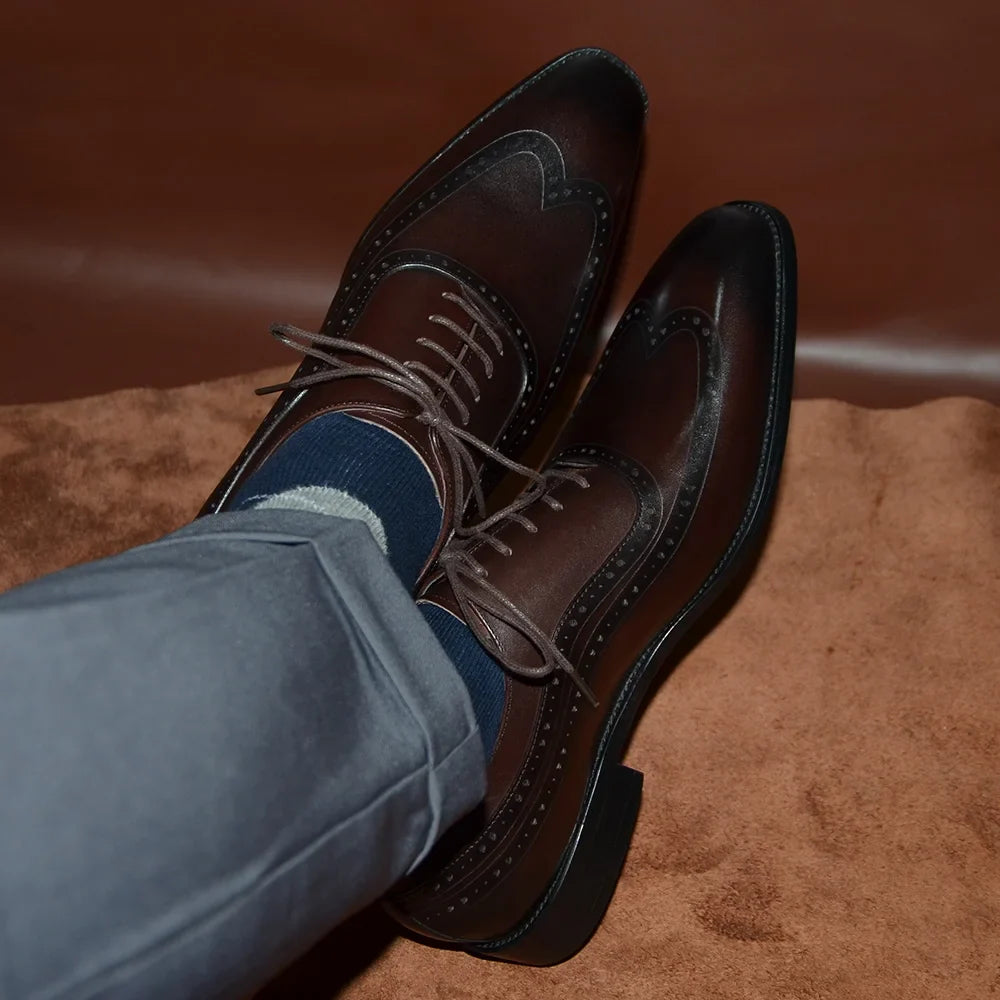 Luxury Mens Wingtip Oxford Dress Shoes Genuine Leather Brogue Dark Brown Lace-up Pointy Toe Business Office Wedding Formal Shoes