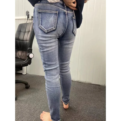 Winter Lady Thermal Plush Jeans Snow Warm Stretch Jeans Hot Sale High Waist Fleece Pants Female Straight Leg Denim Trousers
