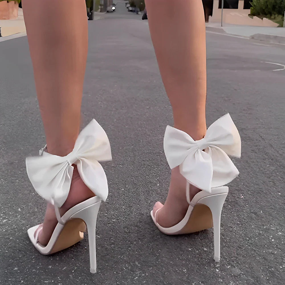 Aneikeh 2026 Summer PU Butterfly-Knot Sandals Square Toe Thin Heels Party Shallow Concise Sweet Buckle Strap Adult Open  Pleated