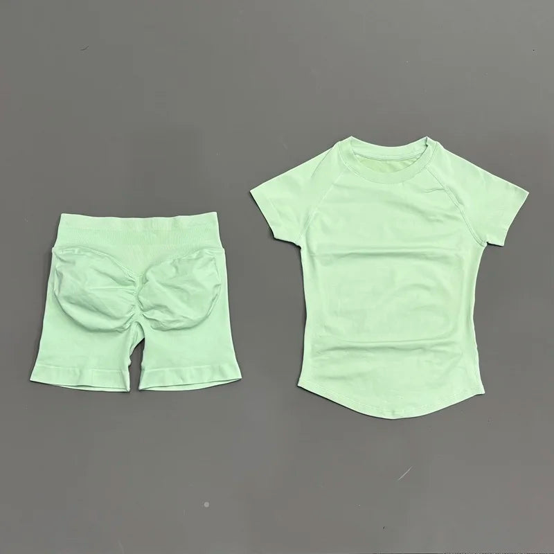 2 Piece Gym Sets Women Seamless Short Sleeve Top Butt Lifting Shorts Workout Fitness Running Sports Yoga Tracksuit