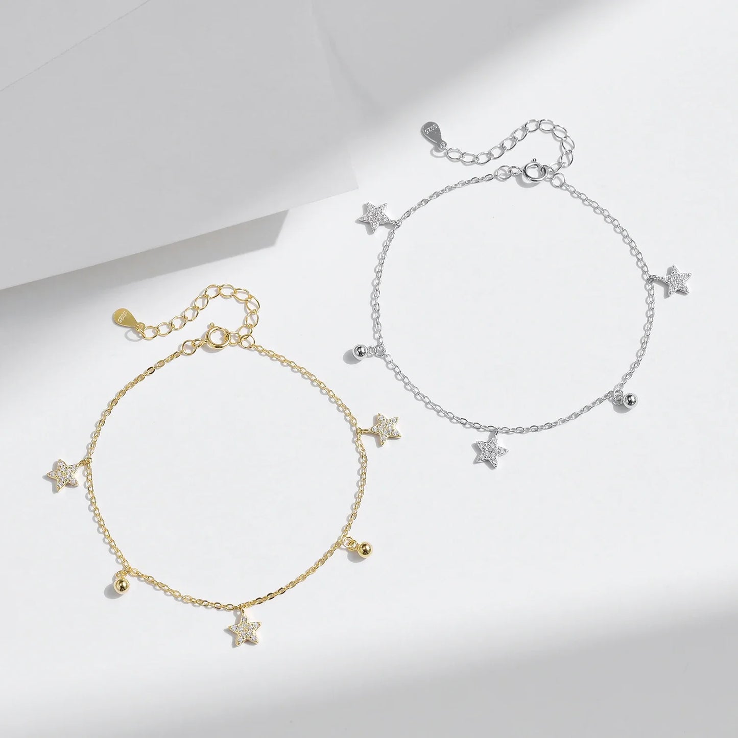 925 Sterling Silver Stars & Beads Charm Pendant Bracelets Gold Color Stackable Link Chain For Women Party Jewelry
