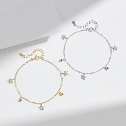 925 Sterling Silver Stars & Beads Charm Pendant Bracelets Gold Color Stackable Link Chain For Women Party Jewelry