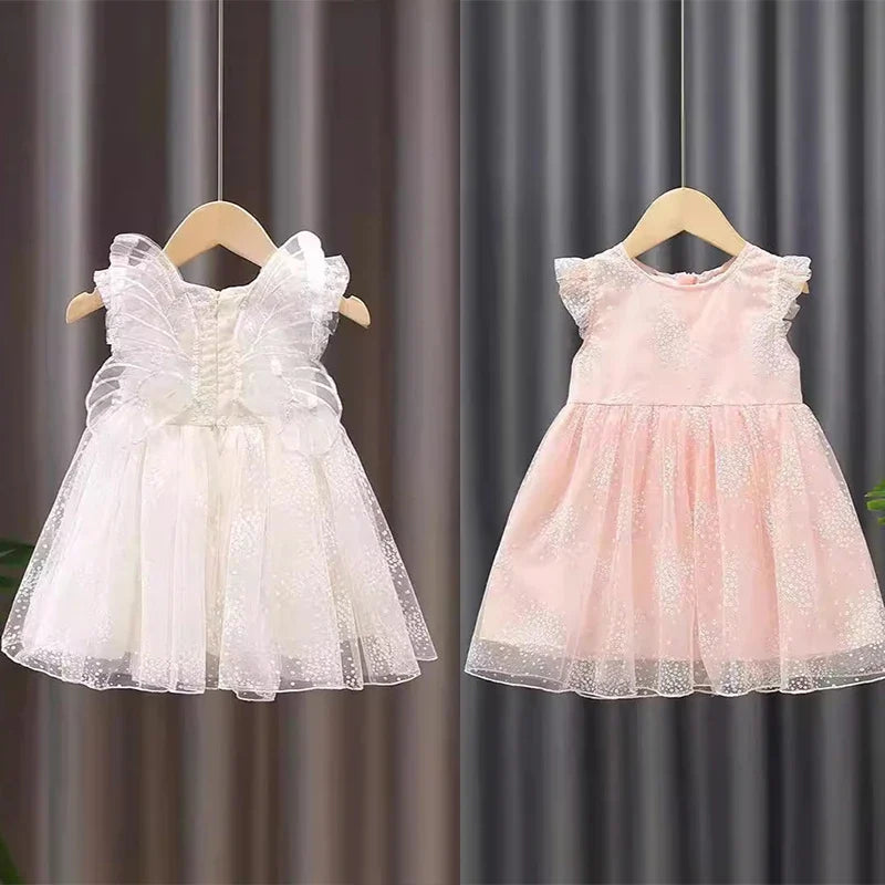 Girls Summer White Princess Dress Kids Tulle Tutu Skirt With Wings Cute Baby Girls Fluffy Party Dress For Birthday Holiday