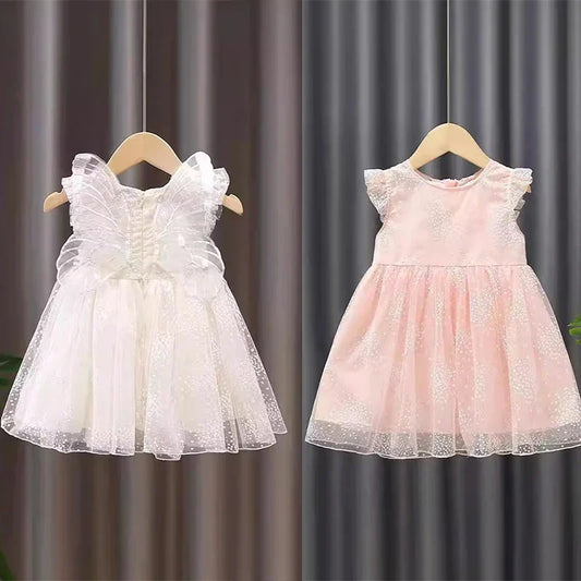Girls Summer White Princess Dress Kids Tulle Tutu Skirt With Wings Cute Baby Girls Fluffy Party Dress For Birthday Holiday