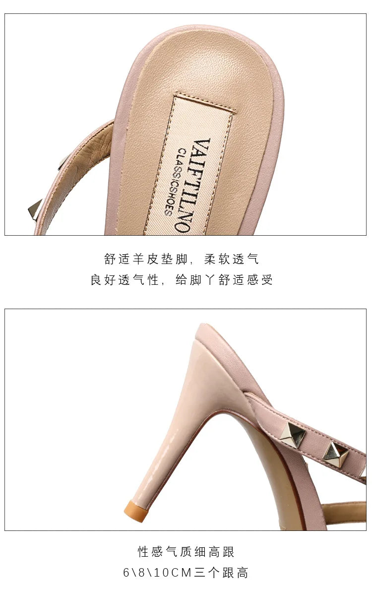 2025 New Genuine Leather Gladiator Pumps Sandals Luxury Metal Rivets Summer Women Outdoor Slippers Black Fashion High Heels 41