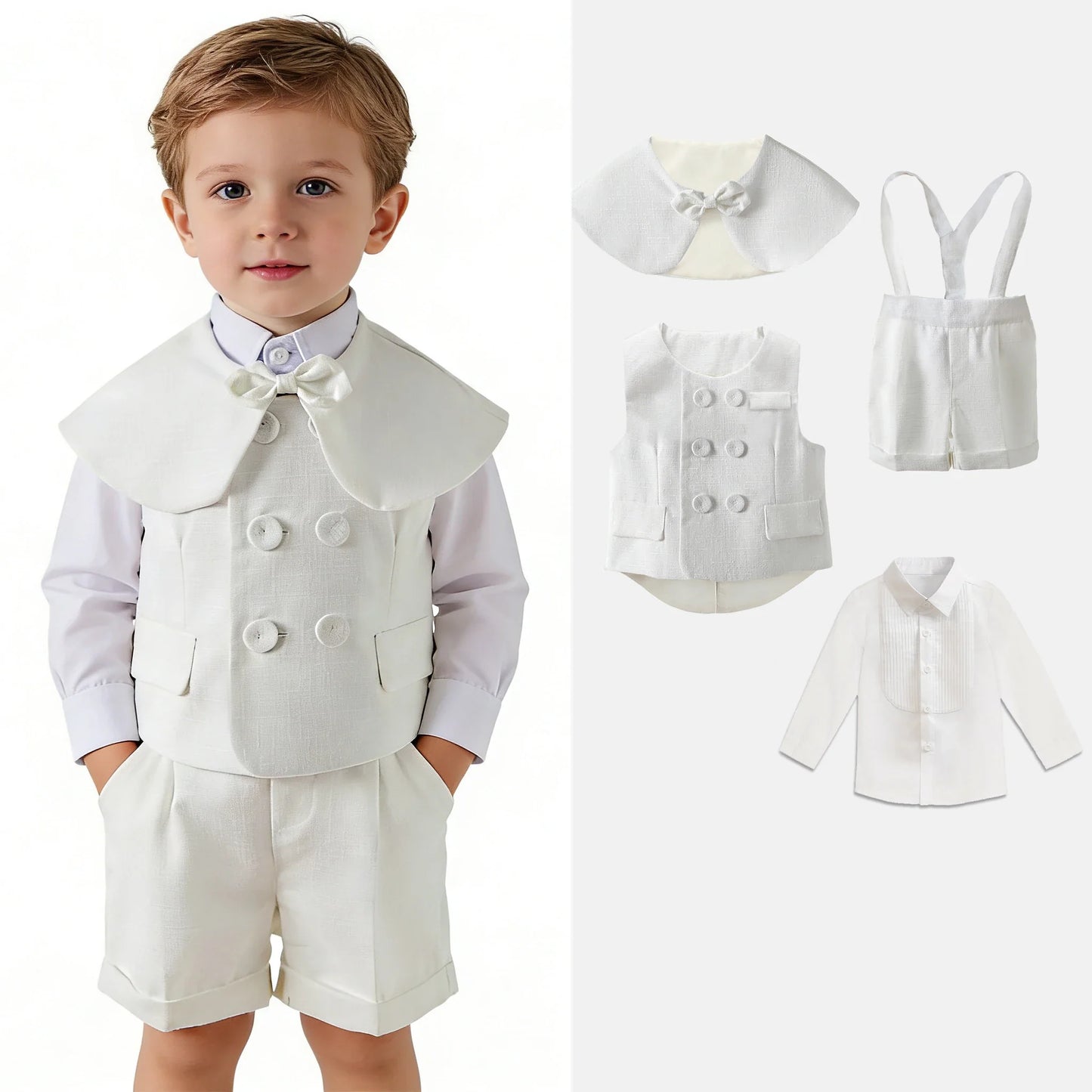 Boys White Linen Suit Set Summer Short Sleeve shawl  Vest & suspenders Shorts Gentleman Outfit for Wedding Party Occasions
