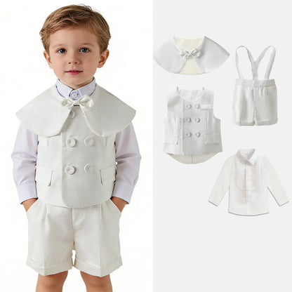 Boys White Linen Suit Set Summer Short Sleeve shawl  Vest & suspenders Shorts Gentleman Outfit for Wedding Party Occasions