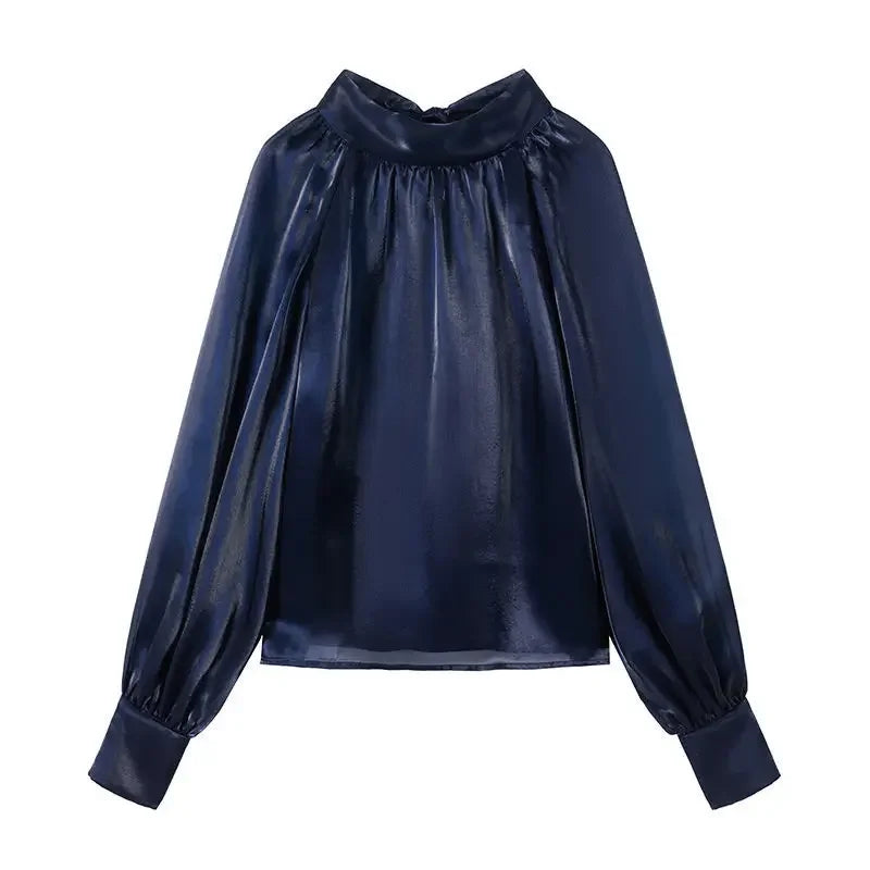 Women's Satin Blouses Stylish Big Bow Shirts 2023 Spring Autumn New Fashion Korean Edition Casual Puff Sleeve Female Solid Top