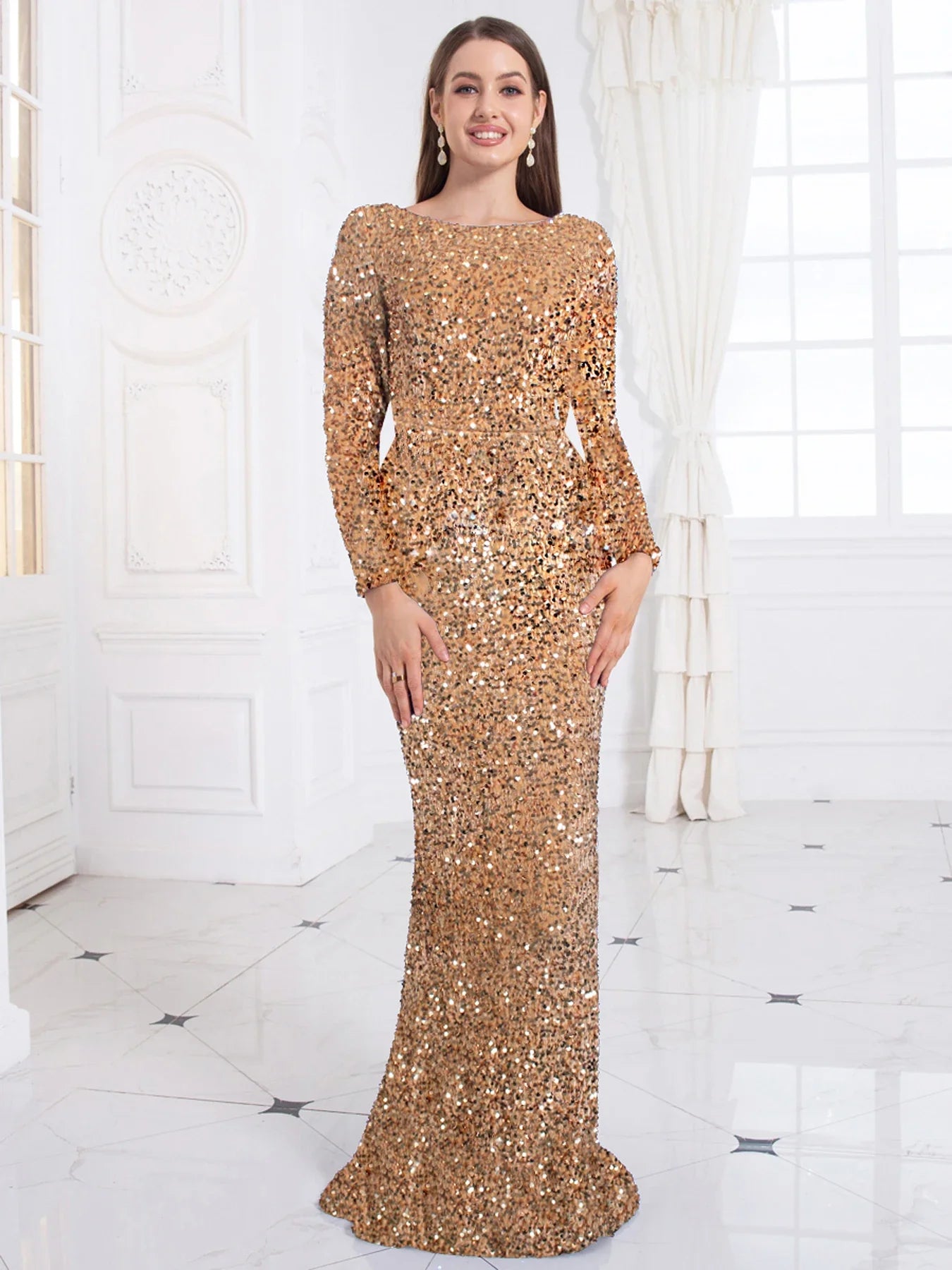 Romagic Women Modest Stretch Sequin O Neck Evening Prom Gown Party Long Dresses Full Sleeved Mermaid Formal Dinner Elegant Dress