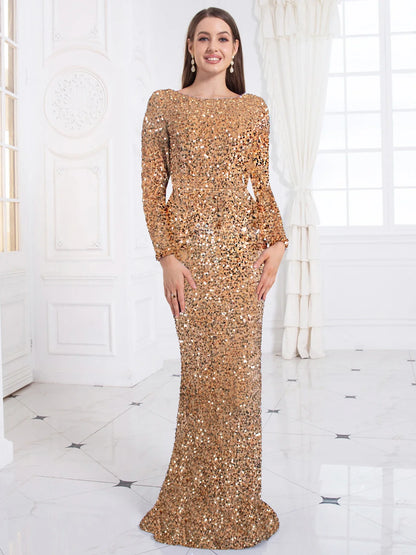 Romagic Women Modest Stretch Sequin O Neck Evening Prom Gown Party Long Dresses Full Sleeved Mermaid Formal Dinner Elegant Dress