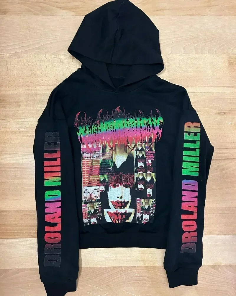 Mens Black Hooded Graphic Hoodie Horror Character Print Thriller Style Streetwear Unique Creative Design Express Individuality