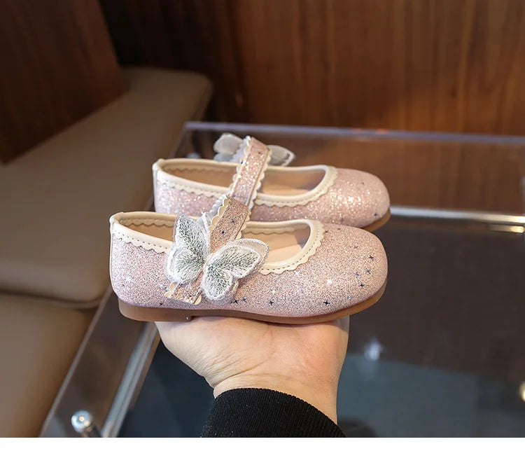 New Girls Princess Shoes Fashion Children's Bow Rhinestone Sequin Kids Shoes Baby Party Student Flat Performance Shoes
