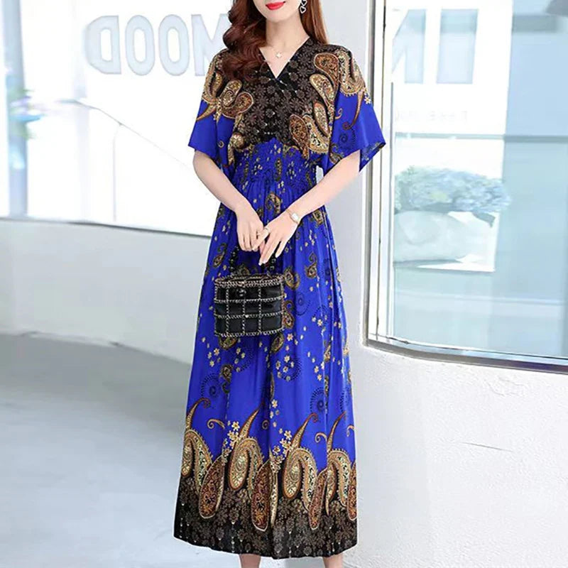 Flower V-neck Elastic Youthful Bohemian Sweet Midi Dress Woman Clothes Chic Fashion Summer Dresses 2025 Large Swing Ski