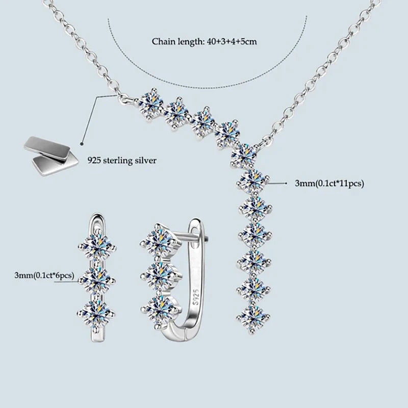 1.7cttw D color Moissanite Earrings Necklace 925 Sterling Silver Y-Shaped Pendant Necklaces Jewelry Set For Women Charming Gift