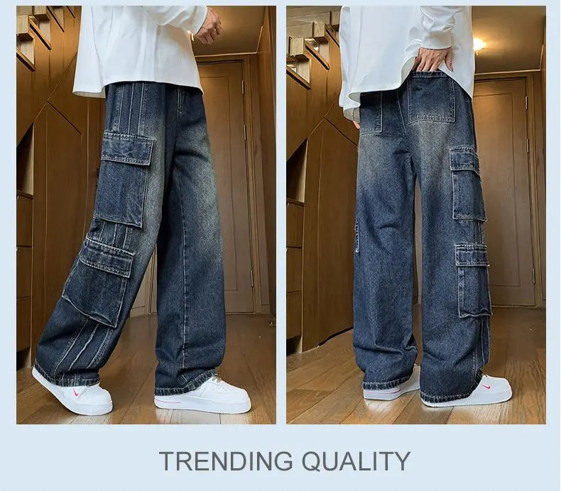 2025 Autumn New Men's Loose Jeans Multi-pocket Work-wearing Jeans Street Hip-hop Straight Wide-leg Pants Baggy Dance Pants
