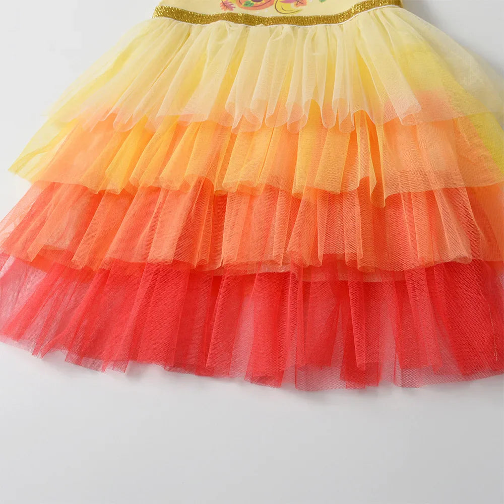 Kids Summer Vestidos Girls Flare Sleeve Mesh Tulle Layered Princess Birthday Party Tutu Dresses Girls Unicorn Print Dress