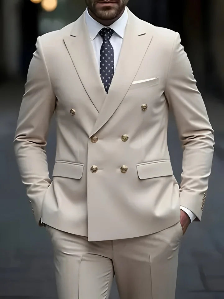 2026Business No-IronDouble-BreastedGolden Button Suit 2pcsTrendy Men's Retro Solid ColorSimpleSlimFit Stylish