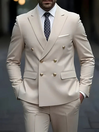 2026Business No-IronDouble-BreastedGolden Button Suit 2pcsTrendy Men's Retro Solid ColorSimpleSlimFit Stylish