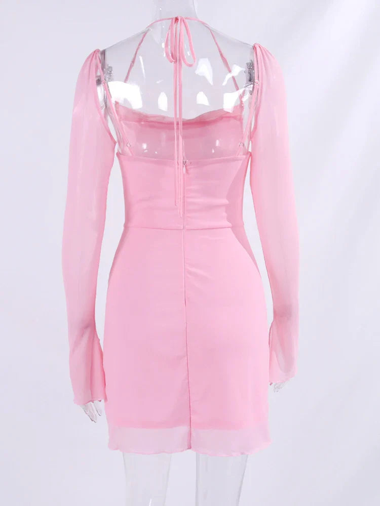 Halter Flounce Sleeves Mesh Pink Dress Women Sexy Solid Backless Bandage Mini Vestido Summer Vacation Party Club