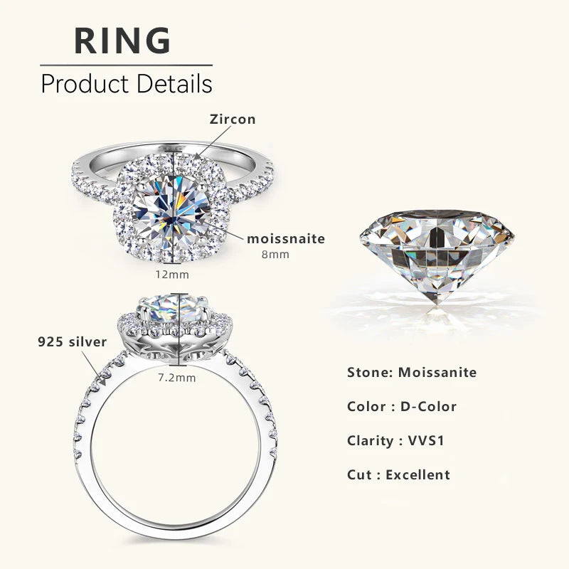 8mm 2ct Moissanite Halo Ring Certified 925 Sterling Silver Engagement Rings For Women Girls Wedding Party Jewelry Gift